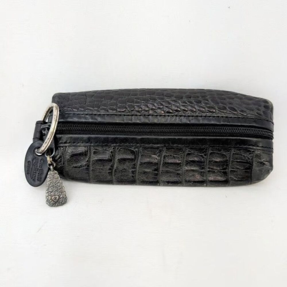Brighton One World Black Croc Embossed Leather Coin Purse Key Case Heart Charm